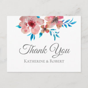 Elegant Pink Flowers Watercolor Thank You Postcard
