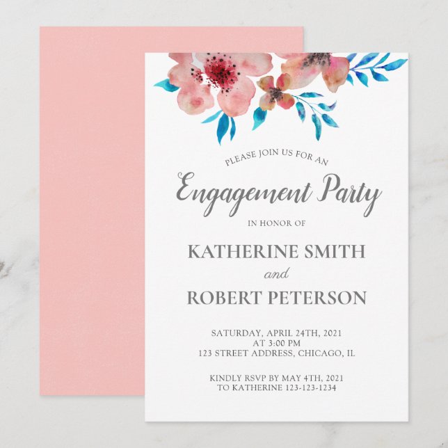 Elegant Pink Flowers Watercolor Wedding Engagement Invitation (Front/Back)