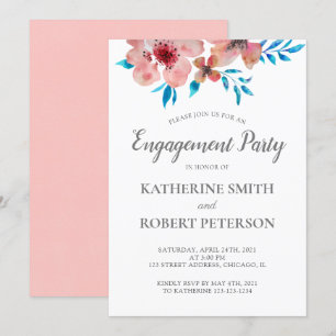 Elegant Pink Flowers Watercolor Wedding Engagement Invitation