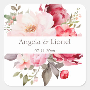 Elegant Pink flowers Watercolor Wedding  Square Sticker