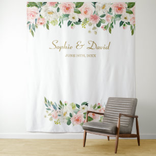 Elegant Pink Flowers Wedding Photo Booth Backdrop Tapestry