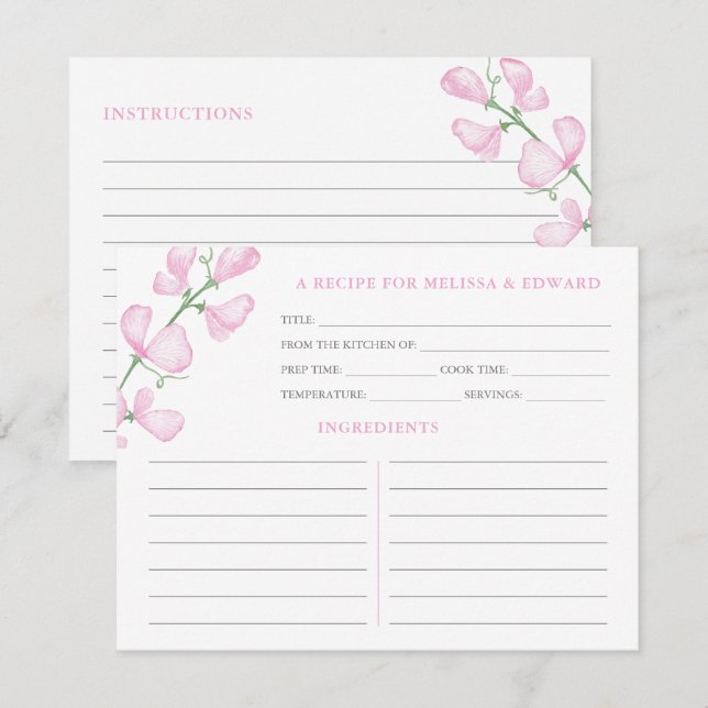 Elegant Pink Flowers Wedding Shower Recipe Card (Front/Back)
