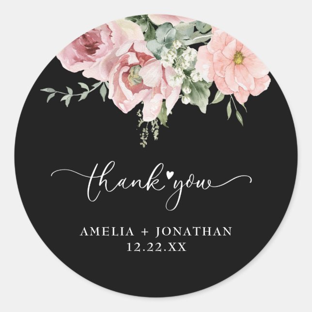 Elegant Pink Flowers Wedding Thank You Favour Classic Round Sticker (Front)