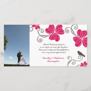 Elegant pink flowers wedding thank you photocard card