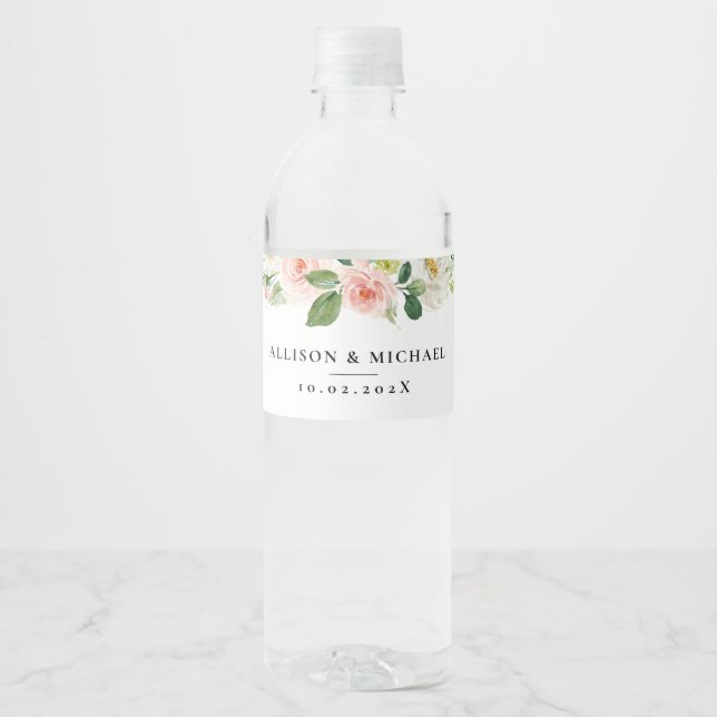 Elegant pink flowers wedding water bottle label (Front)