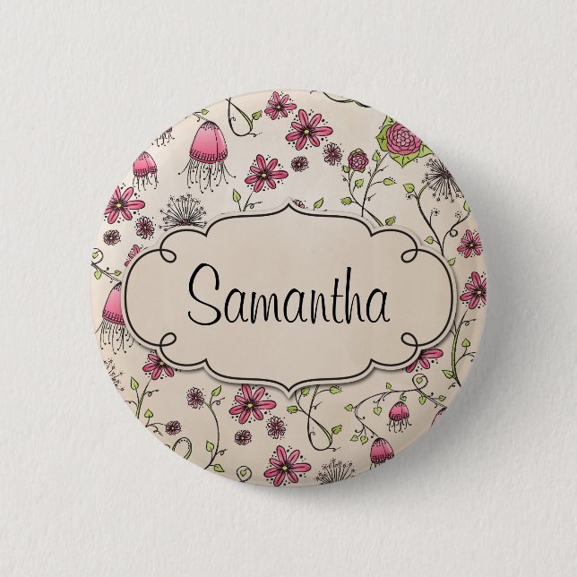 Elegant Pink flowers with frame for name 6 Cm Round Badge (Front)