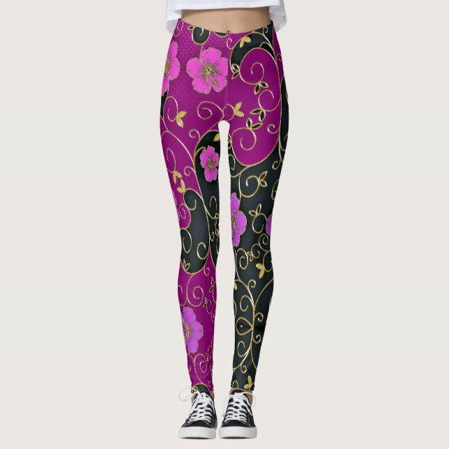 Elegant Pink Flowers With Gold Leaves And Swirls Leggings (Front)