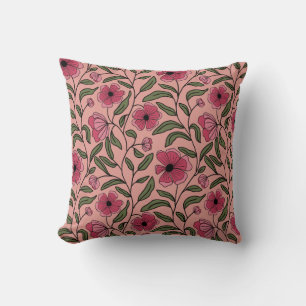 Elegant pink flowers with green leaves cushion