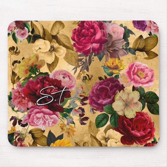 Elegant pink flowers yellow monogram mouse mat (Front)