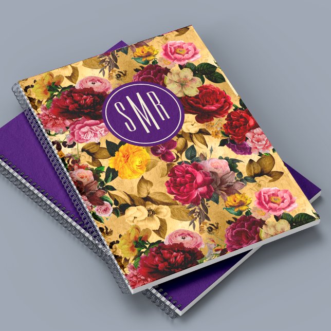 Elegant pink flowers yellow monogram notebook (Creator Uploaded)