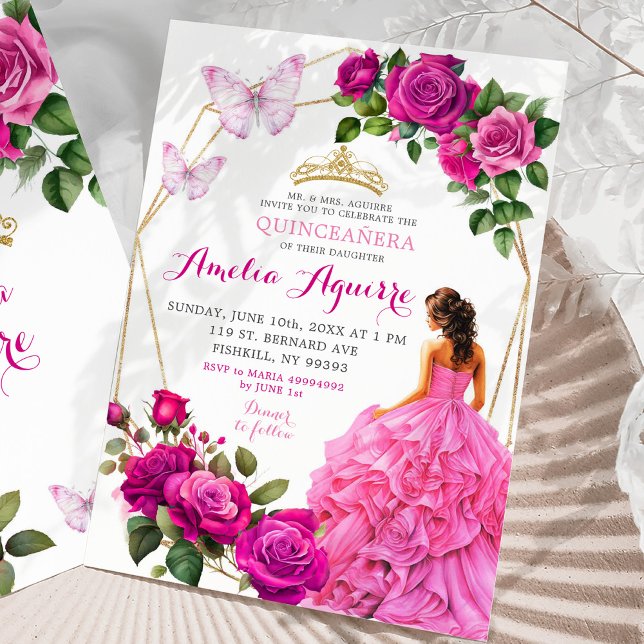 Elegant Pink Fuchsia Butterfly Floral Quinceañera Invitation (Creator Uploaded)