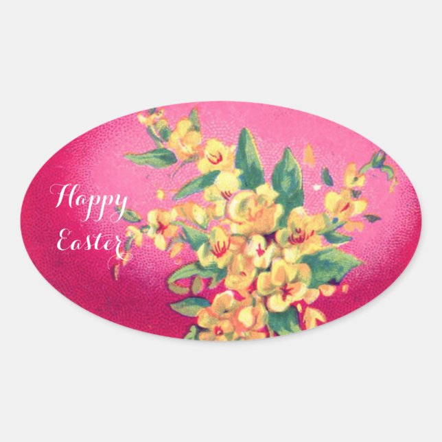 ELEGANT PINK FUCHSIA EASTER EGG AND YELLOW FLOWERS OVAL STICKER (Front)