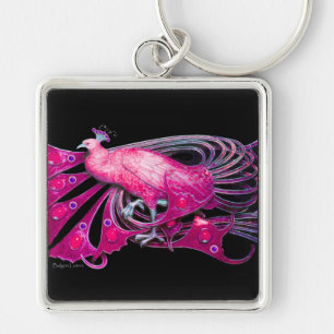 ELEGANT PINK FUCHSIA PEACOCK IN BLACK KEY RING
