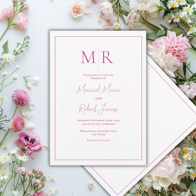 Elegant Pink Fuscia Monogram Modern Wedding Invitation (Creator Uploaded)