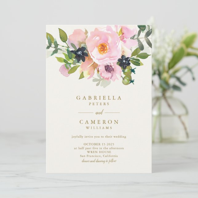 Elegant Pink Garden Floral Watercolor Chic Wedding Invitation (Standing Front)