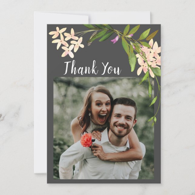 Elegant Pink Garden Flowers Greenery Photograph Thank You Card (Front)