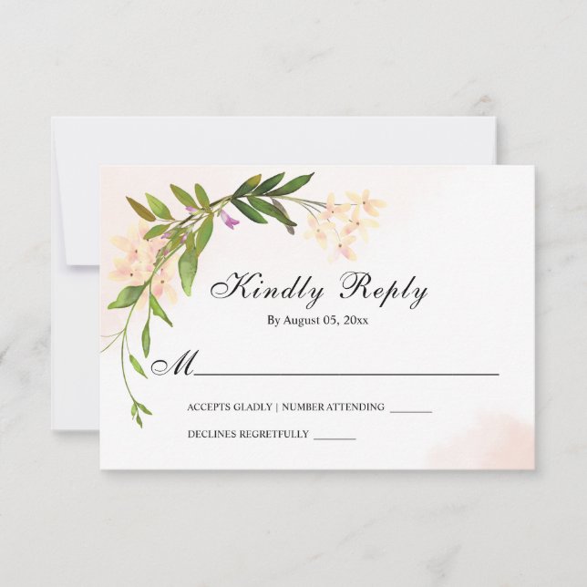 Elegant Pink Garden Flowers Greenery Wedding RSVP Card (Front)