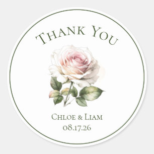 Elegant Pink Garden Rose Flower Wedding Thank You Classic Round Sticker