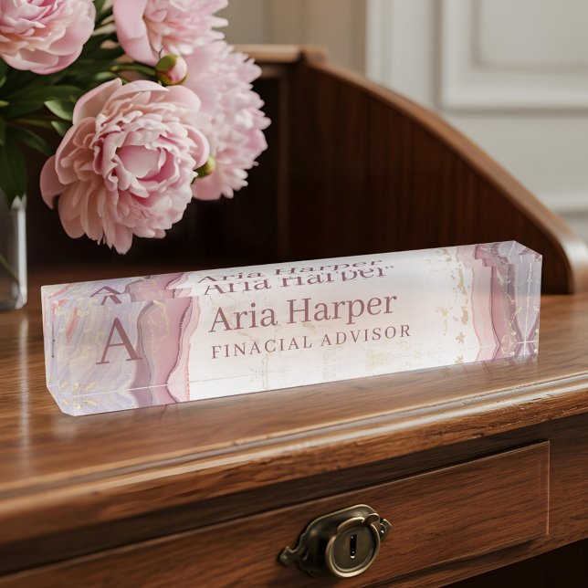 Elegant Pink Geode Gold Glitter Agate Monogram Nameplate (Elegant Pink Geode Gold Glitter Agate Monogram Desk Name Plate)