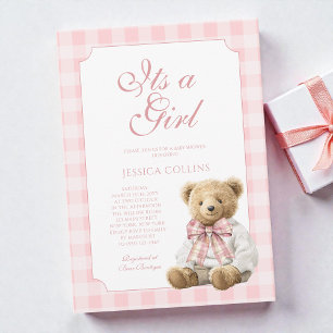 Elegant Pink Gingham Bear It's a Girl Baby Shower Invitation