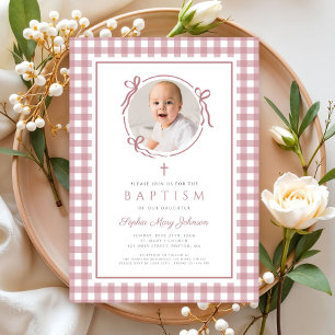 Elegant Pink Gingham Bow Photo Girl Baptism Invitation