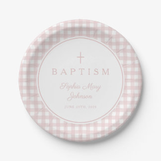 Elegant Pink Gingham Girl Baptism Paper Plate