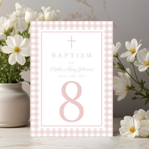 Elegant Pink Gingham Girl Baptism Table Number