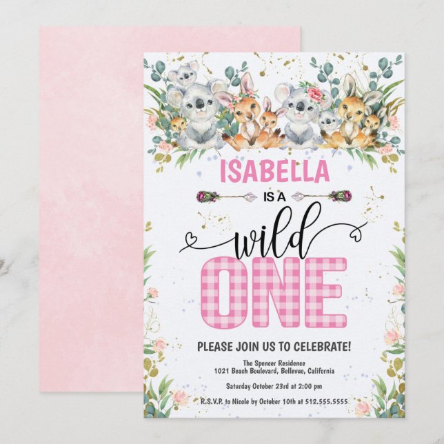 Elegant Pink Gingham Safari Wild One 1st Birthday Invitation (Front/Back)