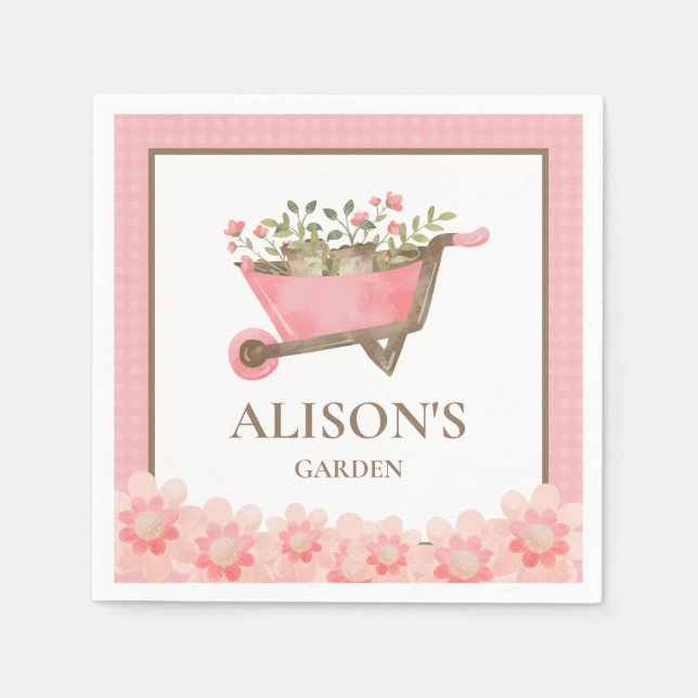 Elegant Pink Gingham Watercolor Garden Napkin (Front)
