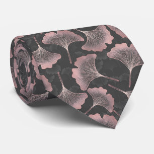 Elegant Pink Ginkgo Leaves on Black Background Tie