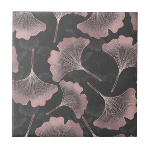 Elegant Pink Ginkgo Leaves on Black Background Tile