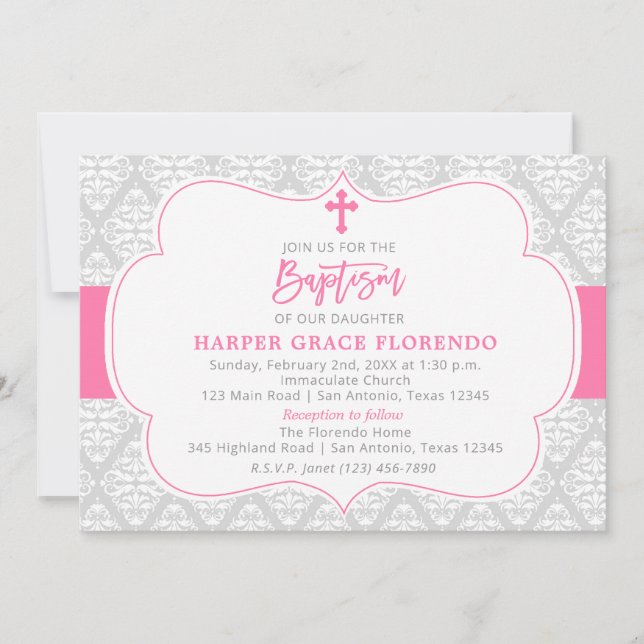 Elegant Pink Girl Baptism Invitation (Front)