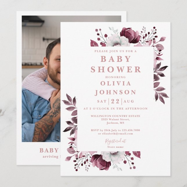 Elegant Pink Girl Country Floral Photo Baby Shower Invitation (Front/Back)