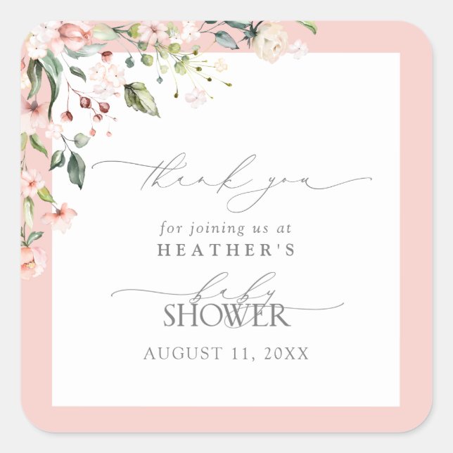 Elegant Pink Girl Flowers Baby Shower Thank You Square Sticker (Front)