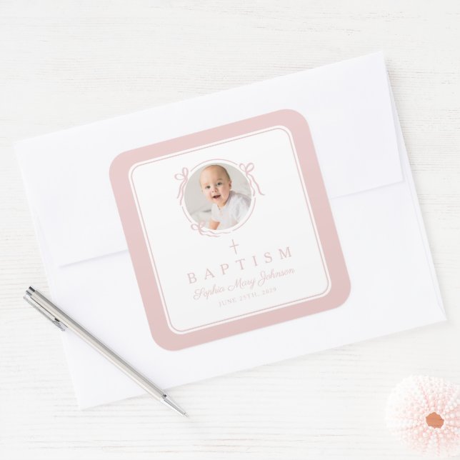 Elegant Pink Girl Photo Baptism Square Sticker (Envelope)