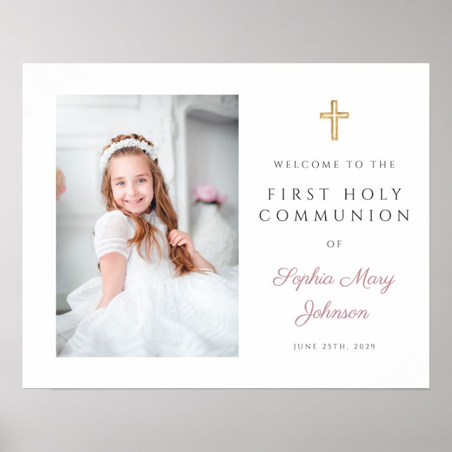 Elegant Pink Girl Photo First Communion Welcome Poster (Front)