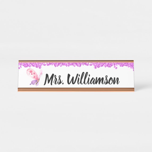 Elegant Pink Girly Sparkle Butterfly Teacher Desk Name Plate (Front)