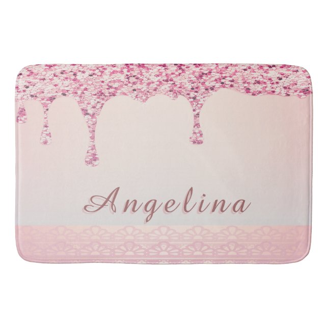 Elegant Pink Glam Glitter Drip Bath Bath Mat (Front)