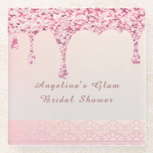 Elegant Pink Glam Glitter Drip Bridal Shower Glass Coaster