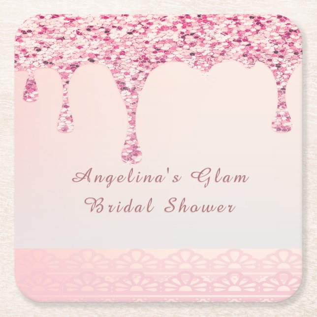 Elegant Pink Glam Glitter Drip Bridal Shower Square Paper Coaster (Front)