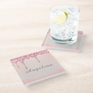 Elegant Pink Glam Glitter Drip Coaster