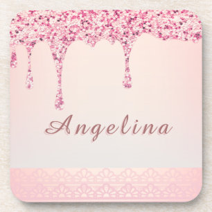 Elegant Pink Glam Glitter Drip Coaster