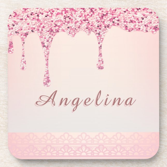 Elegant Pink Glam Glitter Drip Coaster (Front)