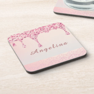 Elegant Pink Glam Glitter Drip  Coaster