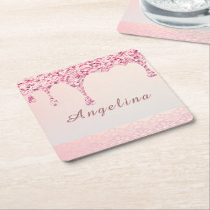 Elegant Pink Glam Glitter Drip  Square Paper Coaster