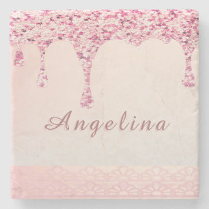 Elegant Pink Glam Glitter Drip  Stone Coaster