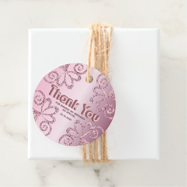 Elegant Pink Glitter Birthday Favour Tags (In Situ)