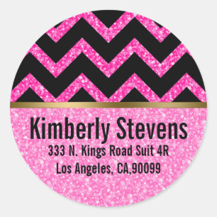 Elegant  Pink Glitter Black Chevron Gold Accents Classic Round Sticker
