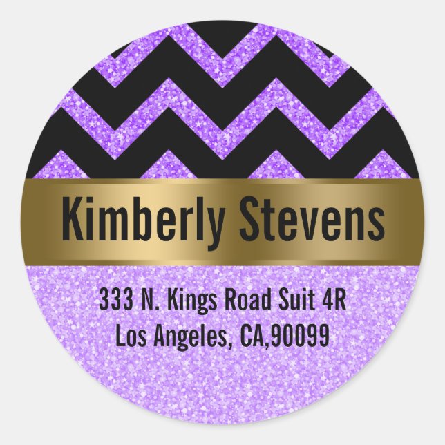 Elegant Pink Glitter Black Chevron Gold Accents Classic Round Sticker (Front)