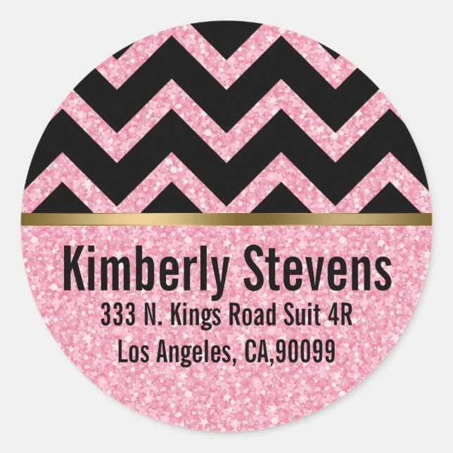 Elegant Pink Glitter Black Chevron Gold Accents Classic Round Sticker (Front)